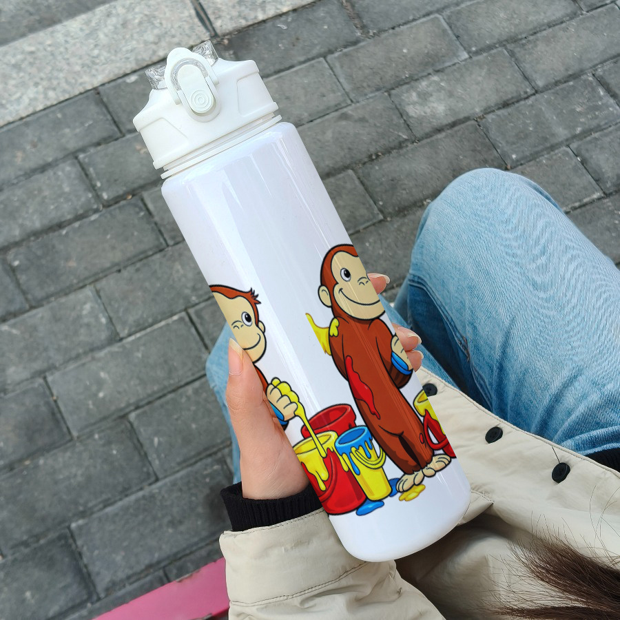 TEMU 1pc 25oz 750ml Cup With Lid 2d Printed Reusable Drinking Cup Water Bottle 2 Brown Monkeys Playing With Yellow, Red And , Making A Around. For