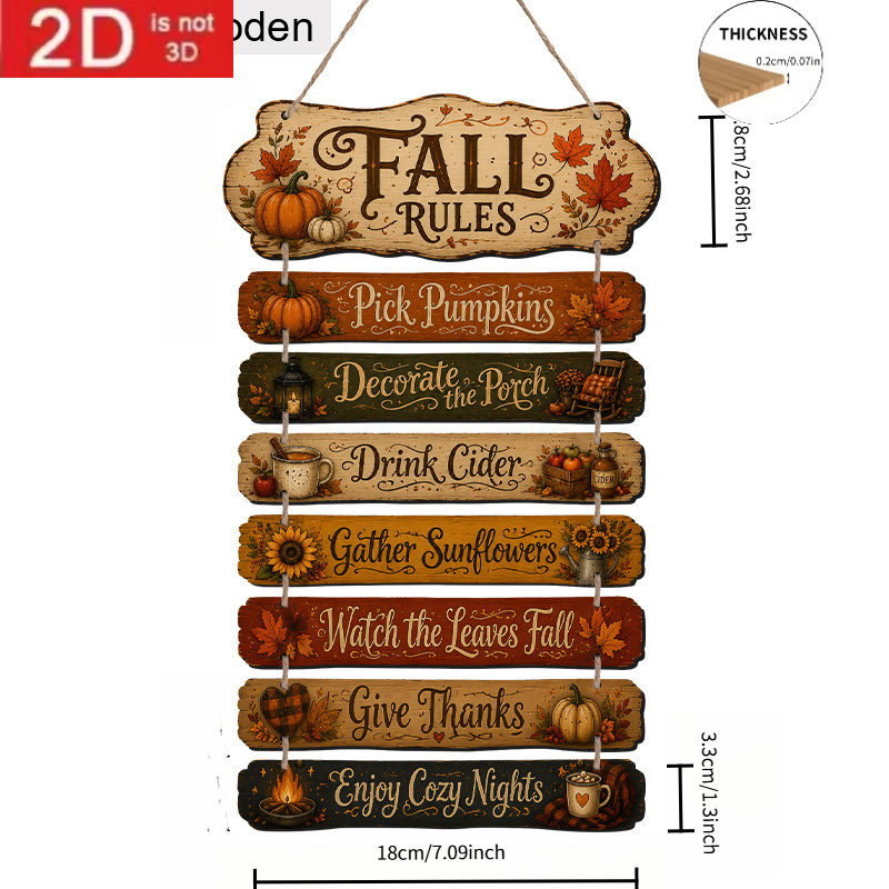 TEMU 2d Flat. 8pcs Retro Wooden Rope Hanging. Featuring Elements Like Pumpkins, Sunflowers, , Fruit Drinks, And Campfires. Warm Retro Color Palette,