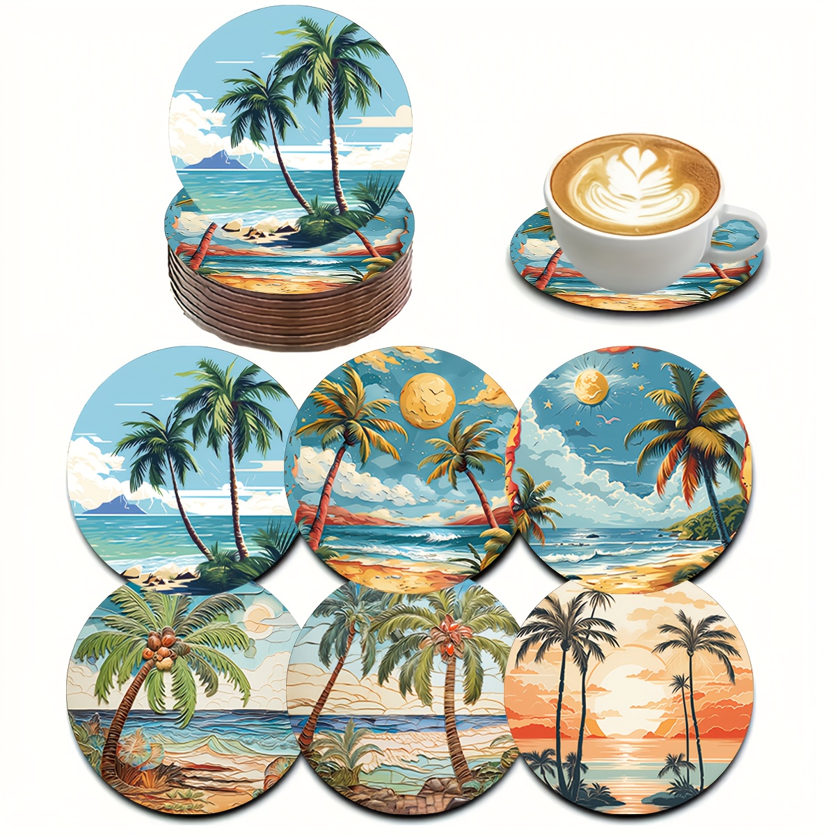 TEMU 6pcs Seaside Palm Tree Pattern Wooden Round Coasters, 2d Flat - 2d, Essential For Holiday Parties, Office Desk Decoration And Protection,