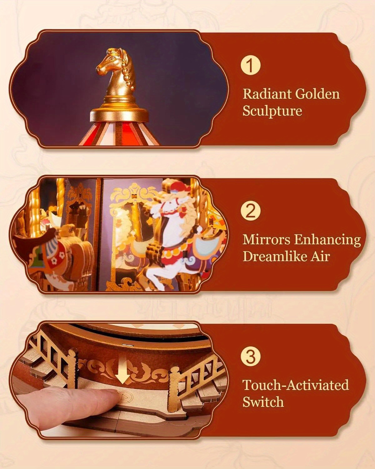 Klassieke Carrousel Muziekdoos, 3D Houten Puzzel met Verlichting, Eenvoudig in Elkaar te Zetten, Beweegbaar Ontwerp, Ideaal Kerstcadeau voor Volwassenen - AMC01