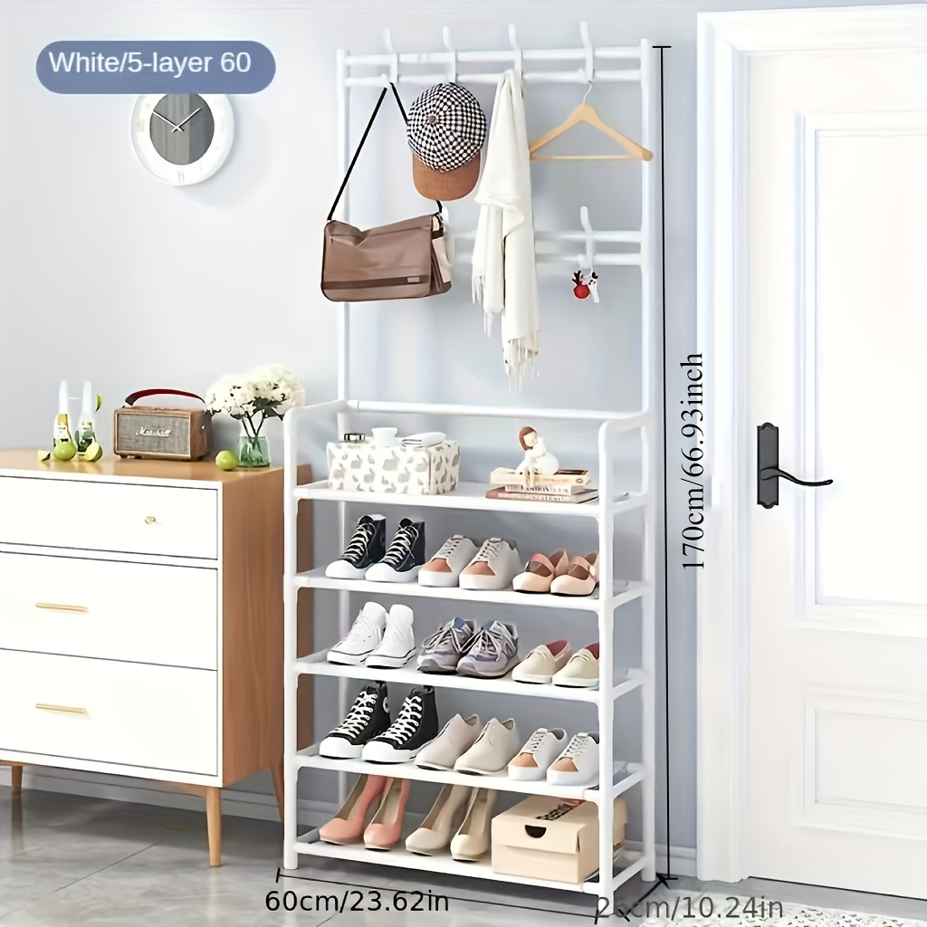 1 Multi-functional Metal 5-Tier Shoe and Hat Rack - 60.96 cm with Detachable Hooks, Multi-layer Design, Freestanding Organizer for Home and Apartment - Available in Black or White