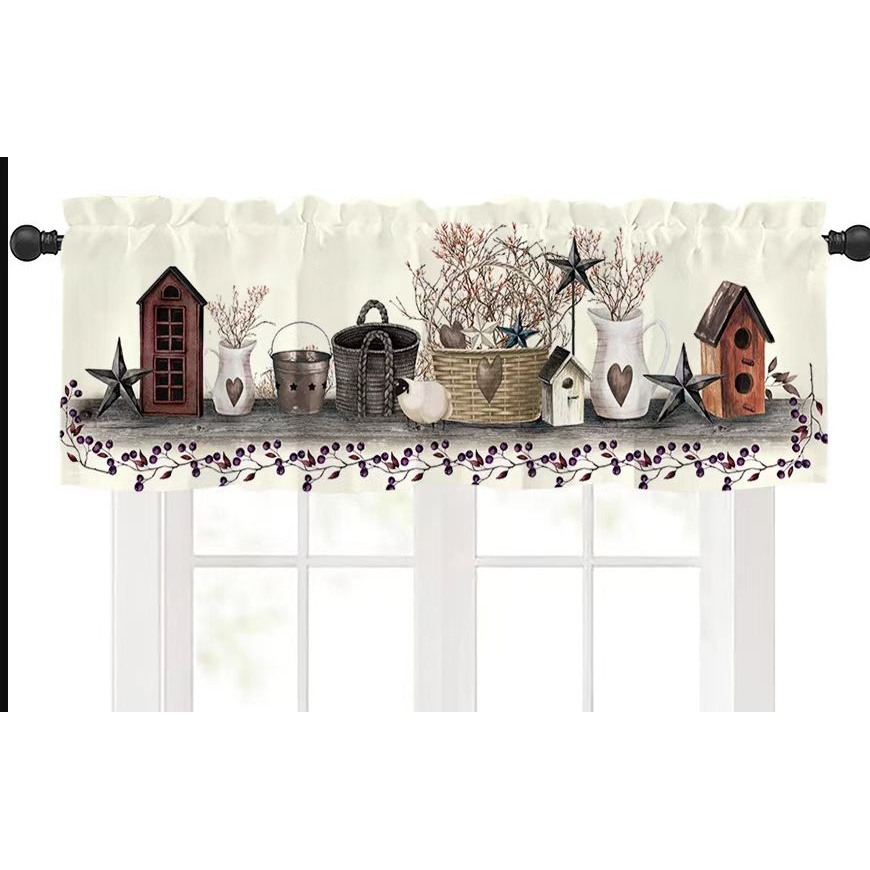 TEMU 1pc Vintage & Stars Curtain Valance - Rod Pocket Decorative Banner With Rustic Fall-themed Design For Kitchen, Living Room, Bedroom, Bathroom -