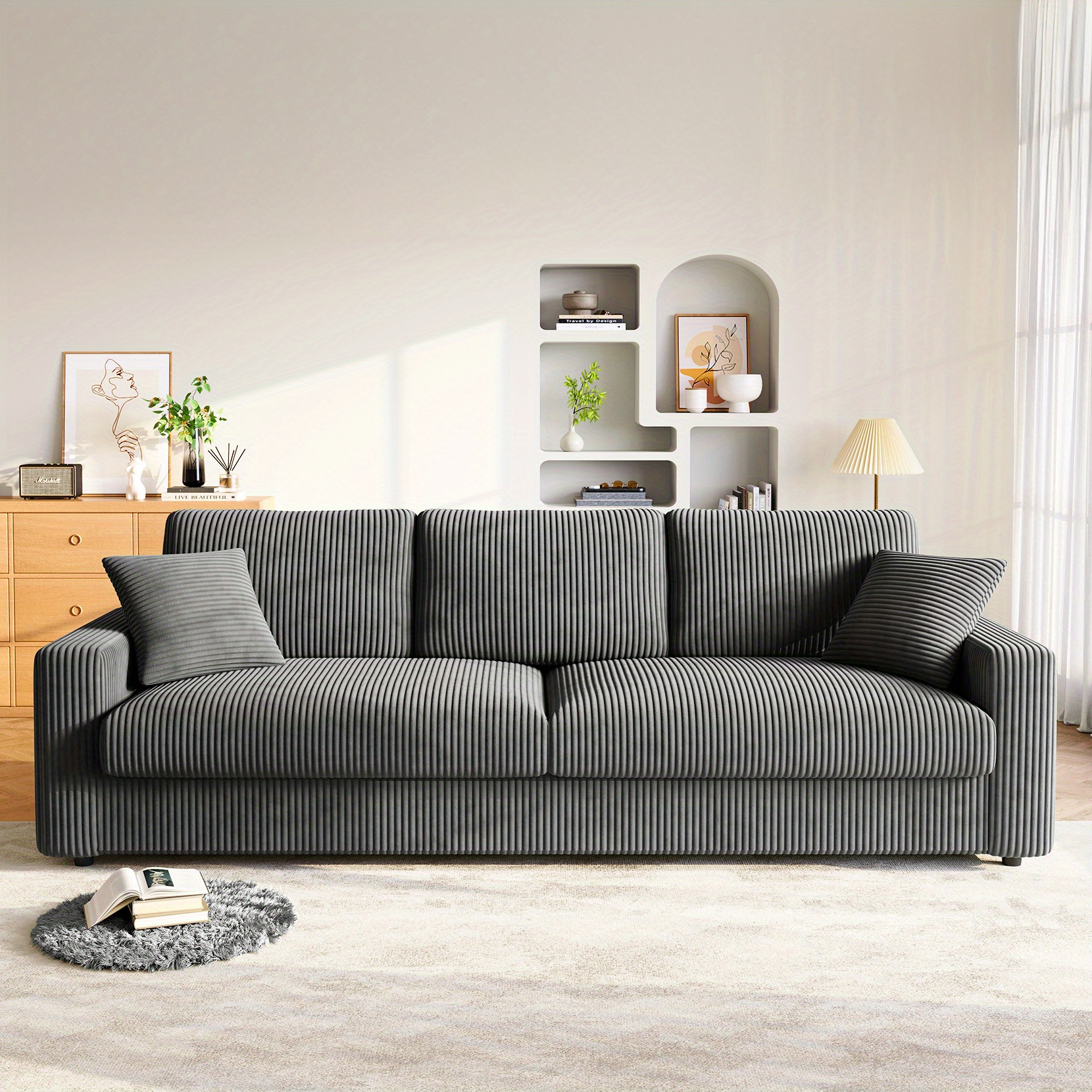 TEMU 256cm Modern Corduroy Sofa 4 Seater Sofa Couch Seats With 2 Throw Pillows