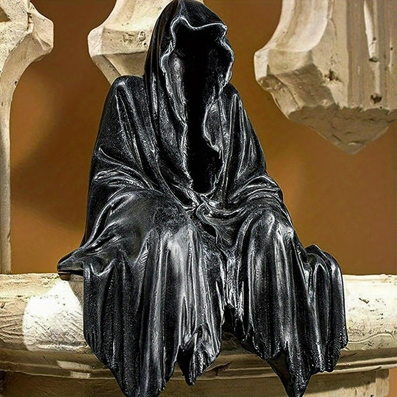 

1pc/2pcs Black Hooded Resin Statue - Gothic Decor Sitting Figurine, Suitable For Bookshelf, Office Desk, Garden, Car, Halloween Horror Decoration, Gift For