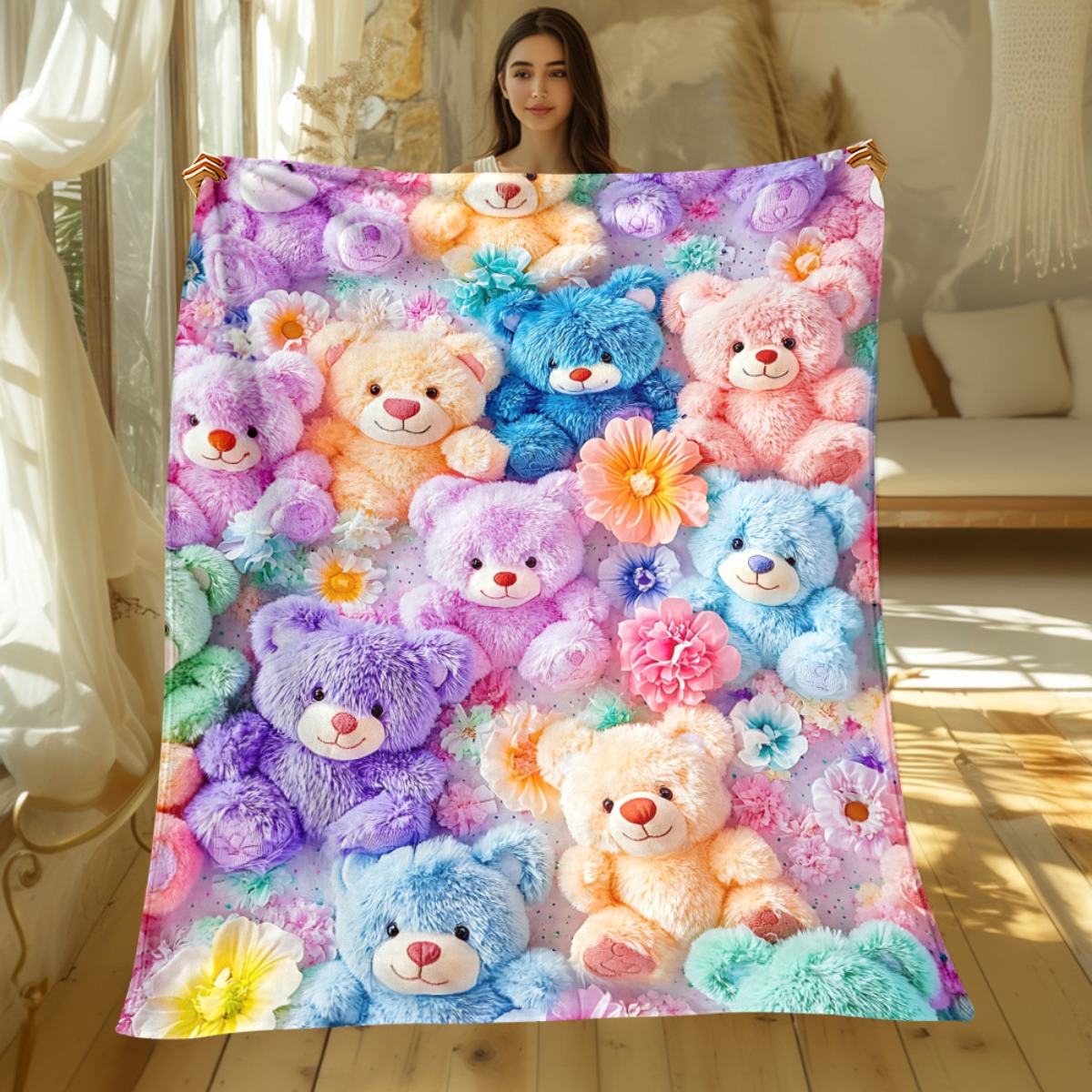 TEMU Solid Color Colorful Teddy Bear Blanket - Lightweight Home Bedding, 280gsm, Suitable For Sofa, Bed, Travel, Camping, Living Room, Office, And