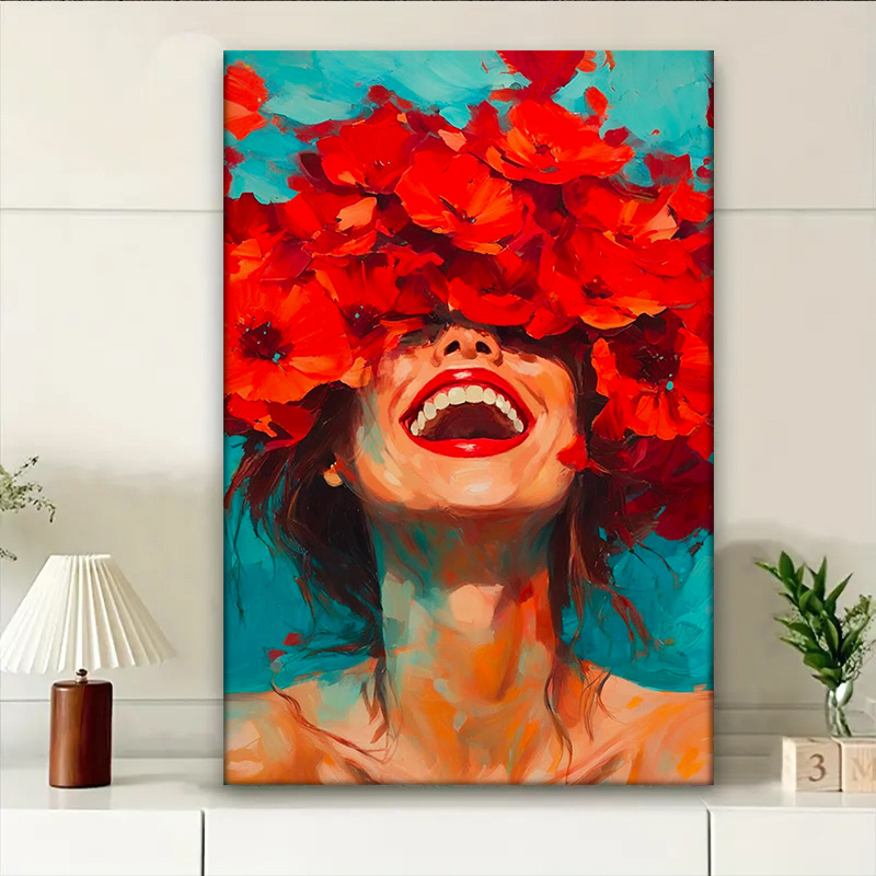 1pc portrait of smiling woman with red poppy flower   vibrant abstract art     modern decorative wall art living room bedroom office decor abstract canvas frame print 16in 40cm 24in 60cm