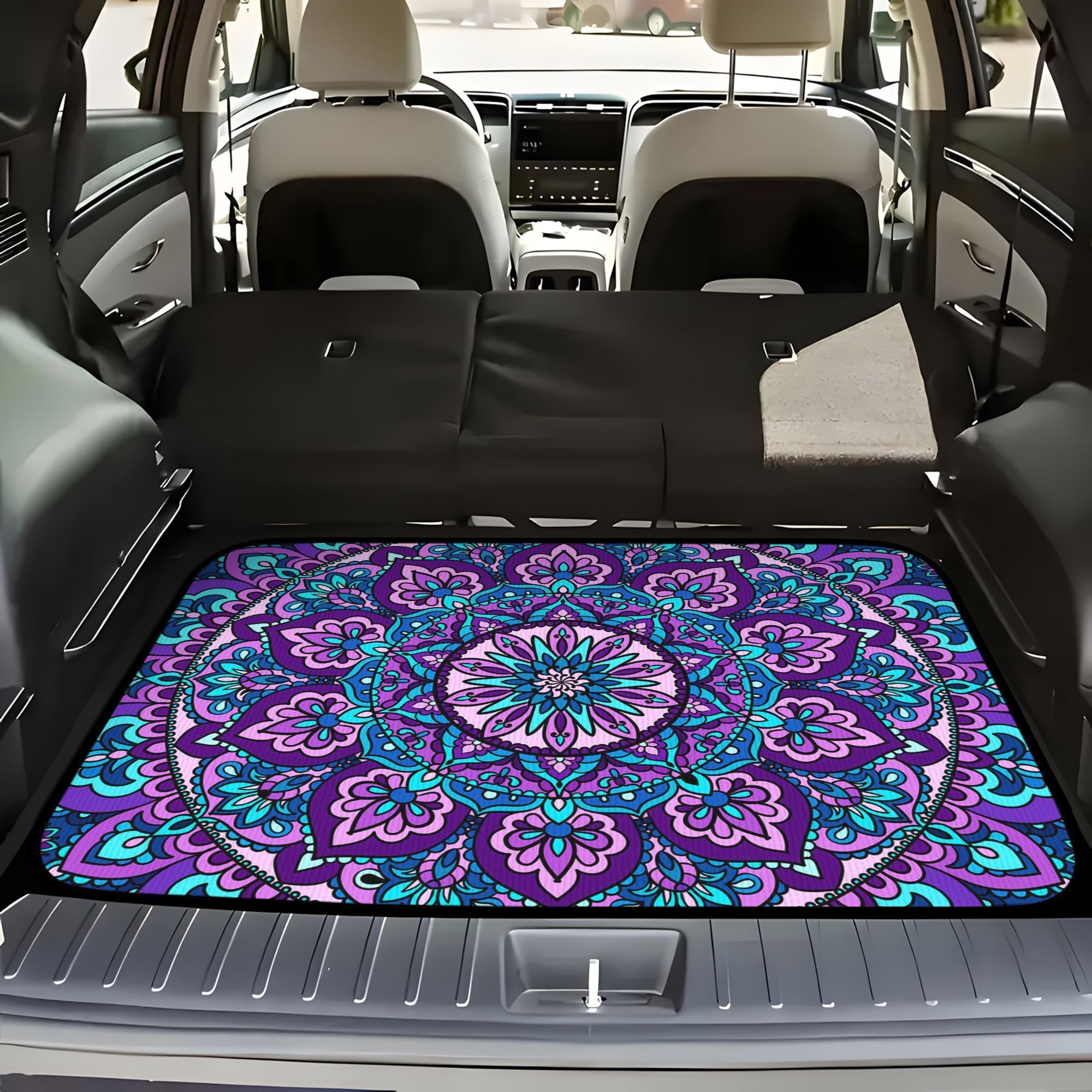 Mandala Art Universal Car Trunk Mat, Vibrant Purple And Teal , Interior Decor, 1pc, 100%, Non Slip Trunk Liner For Interiors, Decorative Protective Mat For Vehicle Aesthetic