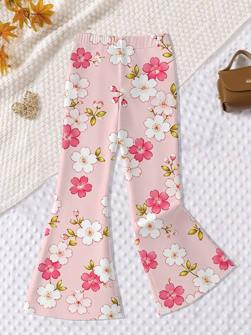 item picture printed design not textured 2d printing girls long full print fit flared pants for spring autumn fashionable outerwear simple and cute pink floral full print holiday spring autumn birthday festival gift for girls suitable for casual