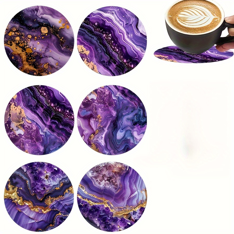 TEMU 6pcs Set Of Coasters, Purple Pattern, Size 3.94*3.94 - Heat Resistant, Suitable For Holiday Gatherings, Coffee Shops, Bookstores, Kitchen