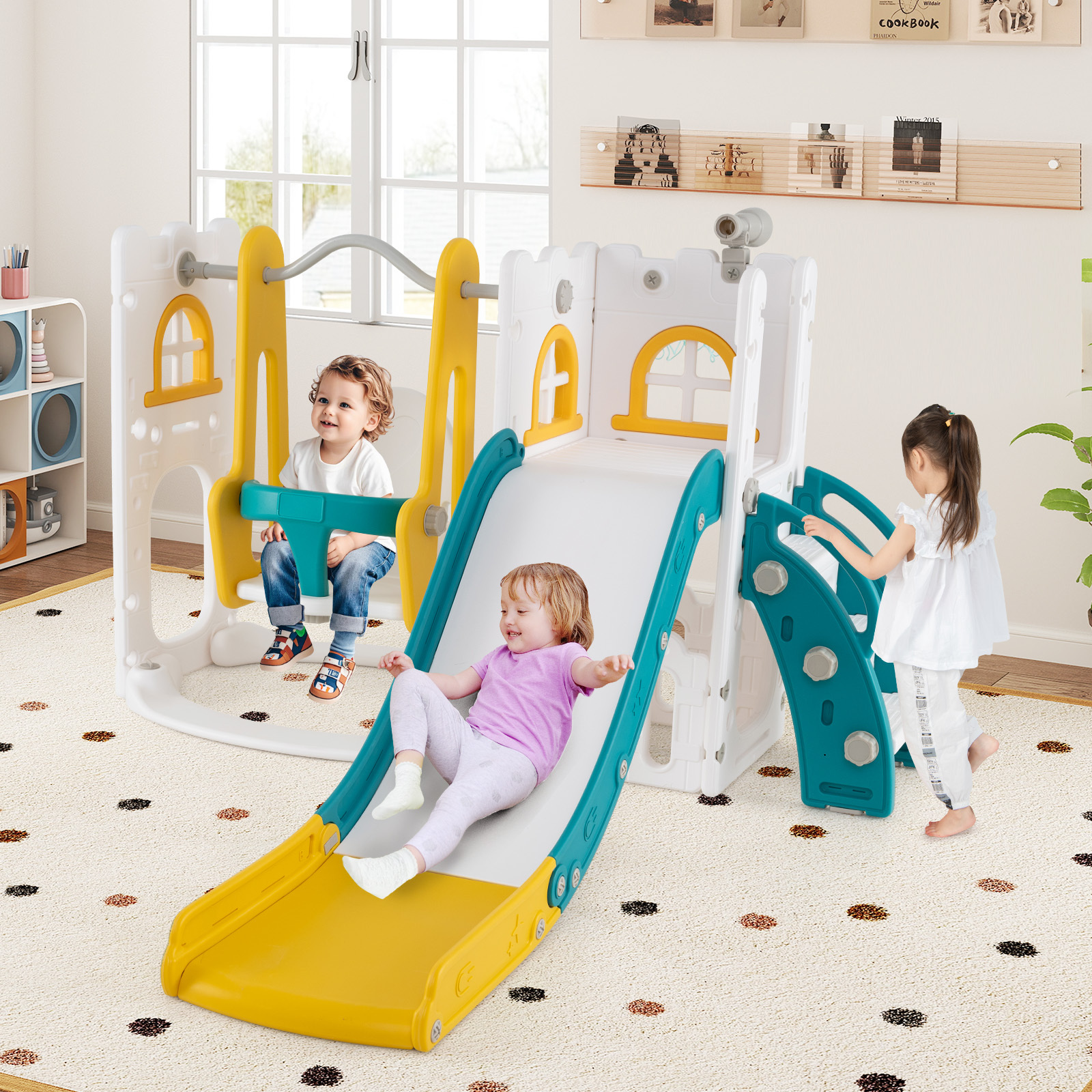 TEMU Costway 7in 1 L-shaped Toddle Swing And Slide Set, Freestanding Toddler Slide Playset W/ Swing, Basketball Hoop And Telescope, Kids Slide For