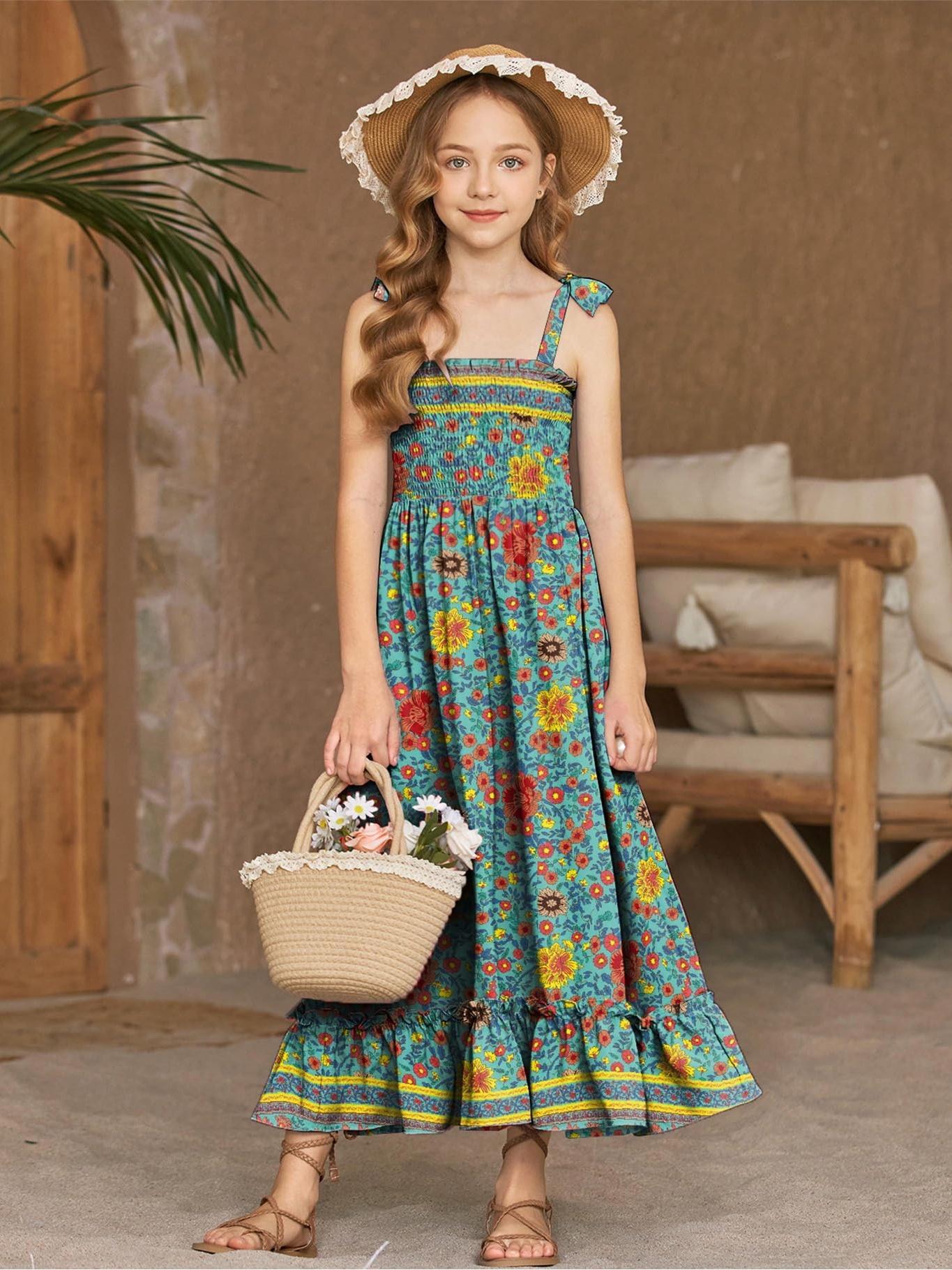 Girls Summer Dress Boho Beach Casual Smocked Maxi Dresses 6-13 Years
