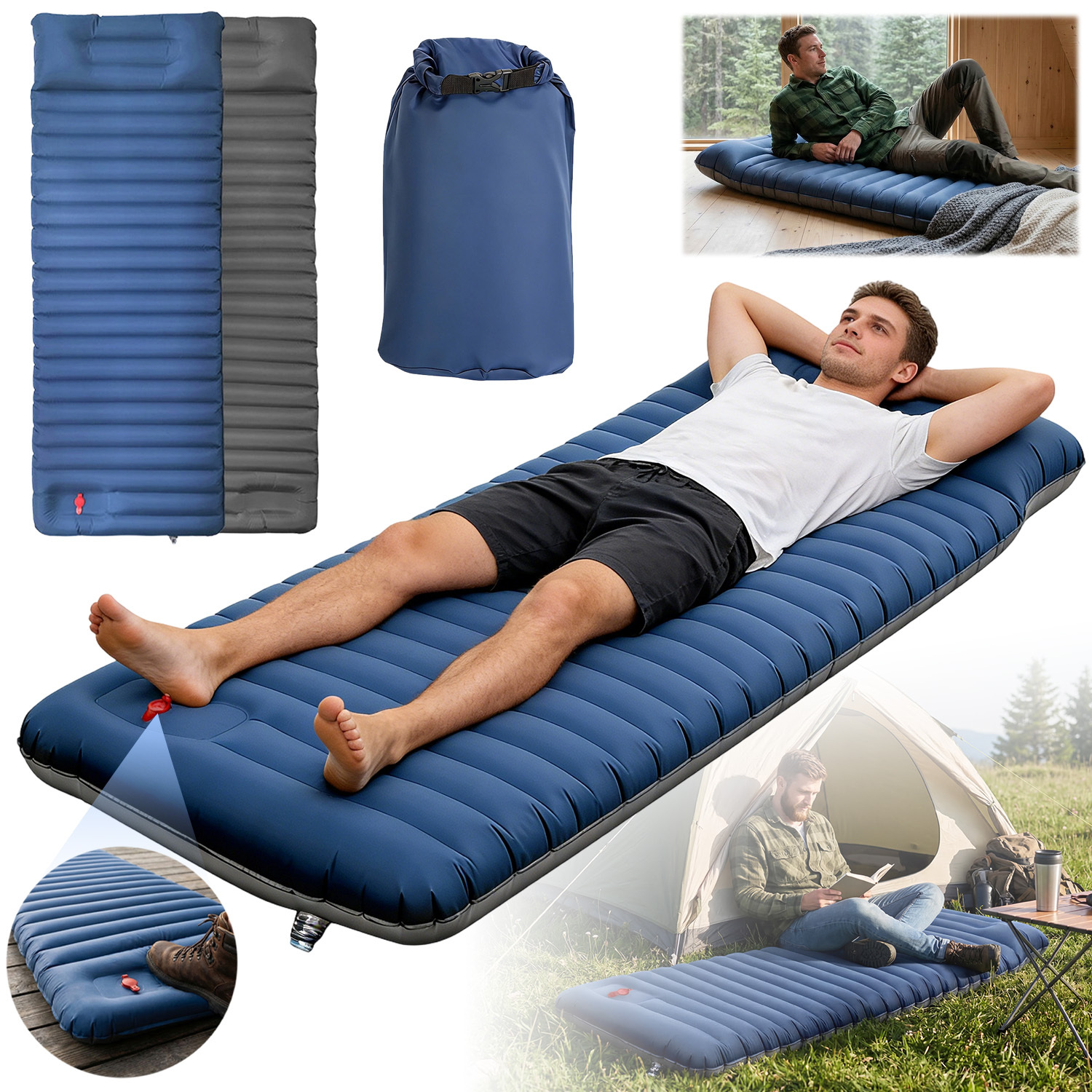 Camping Sleeping Pad, Ultra-thick Camping Mat With Pillow, Built-in Foot Pump Inflatable Sleeping Pads Compact For Camping Backpacking Hiking