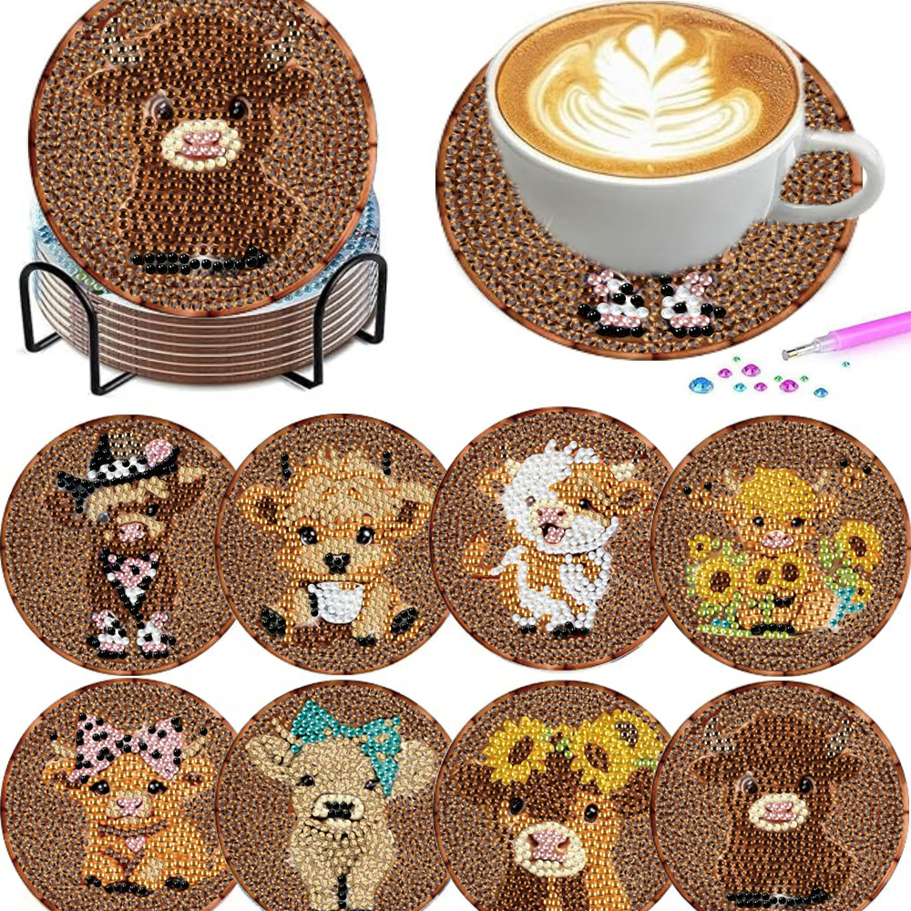 TEMU 8pcs Suitable For Adults & Beginners Diy Diamond Painting Coasters With Bracket Holders - Wood Animal & Irregular-shaped Craft Kits, Table