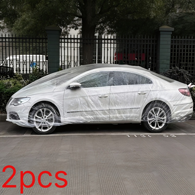 TEMU 2pcs Full-wrap Disposable Pe Car Cover, Waterproof Dust-proof Protector, Full-vehicle Cover, Sun, Rain, And Dust Resistant, Portable Temporary