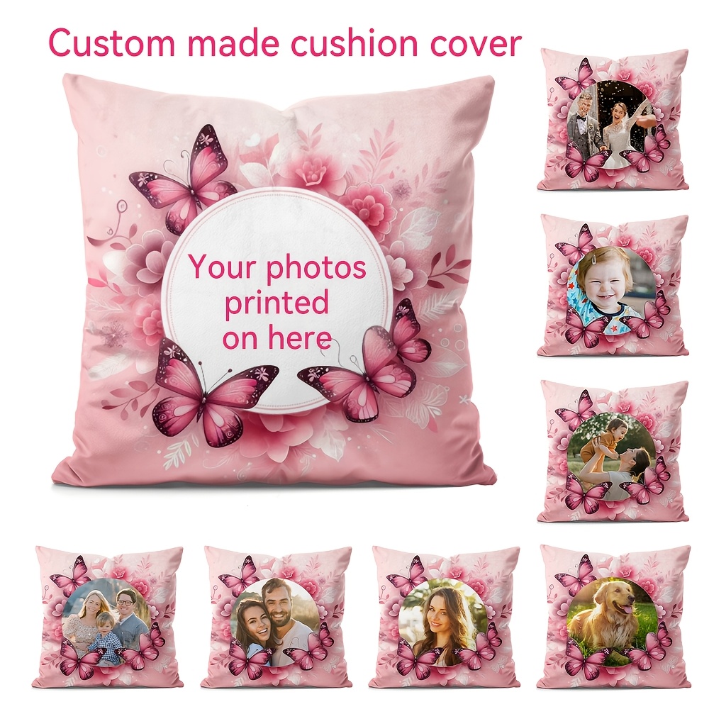 E-shop Individuelles Fotokissenbezug mit Schmetterlings- Blumenmuster – Personalisiertes Geschenk für Valentinstag, Muttertag, Vatertag, Jubiläen,