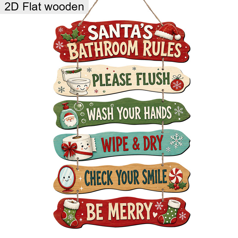 TEMU 2d Flat 6pcs Set Santa Claus Bathroom Rules Wooden Signs: Please Flush, Wash Hands, Dry Hands. Christmas Cartoon Wooden Signs, Farmhouse Style