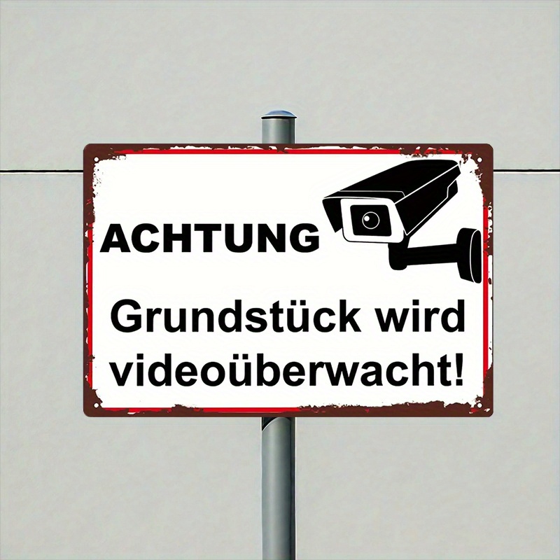 TEMU 2d Flat, 1pc Durable Metal Video Surveillance Sign With Camera Symbol & "achtung Bewachte Grundstück" Warning Message - System Sign For Porch,
