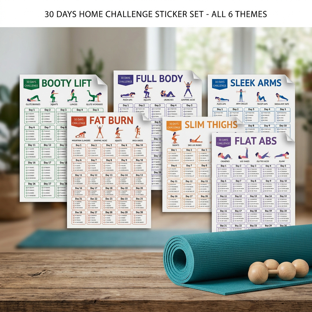 6pcs 30- Sticker Sheets - & Stickable Suitable For Fat Loss Tracking, Weekly Planner Stickers With Progress Chart For , Thighs, Hips, Abs Exercises, For Wall Planner Journal Fitness Planner Decor