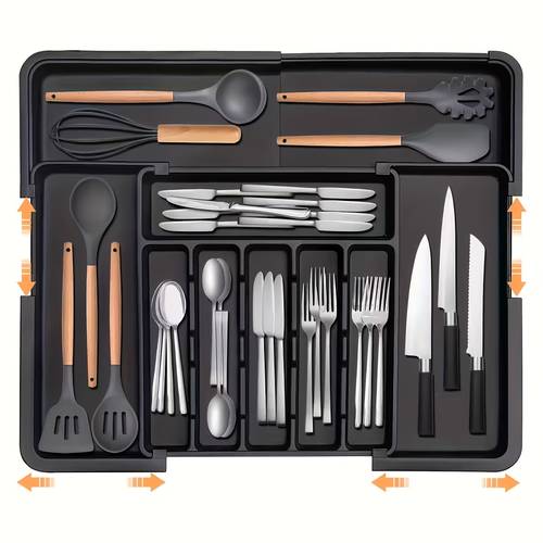 9 compartment heavy duty plastic drawer organizer with adjustable cutlery storage retractable knife holder compartments