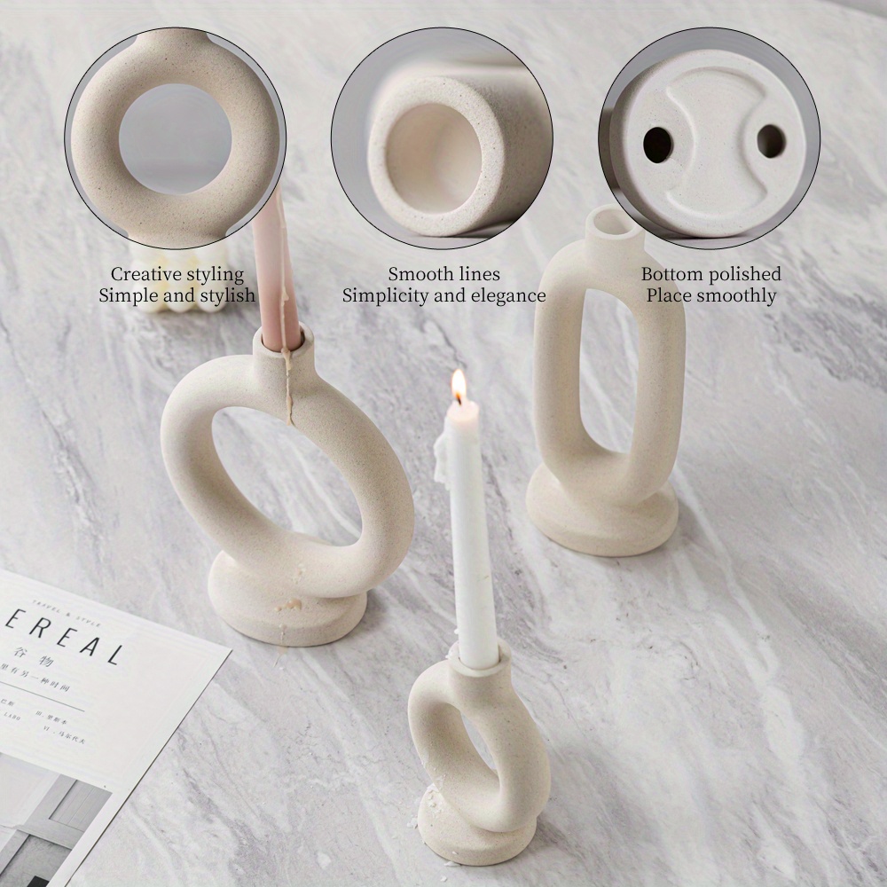 1pc Elegant Ceramic Candle Holder - Modern Minimalist Tabletop Decor with Open Circle Design, Beige/Neutral Tones for Dining Room, Living Room, Office - Durable Ceramic Construction, Compatible with Real or Electronic Candles - Home Decoration Cente