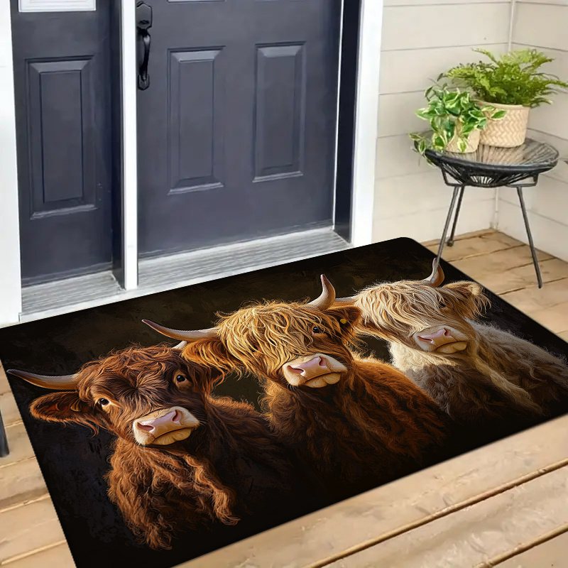 1pc farmhouse chic highland cow print doormat non slip thick sponge machine washable absorbent mat for indoor outdoor use   home garden   entrances   decorative mat cow deco 0