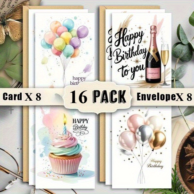 Image of 16pcs Birthday Card Set With Envelopes, Includes 16 Watercolor Balloon And Cake Happy Birtday Greeting Cards For Any Occasion: Christmas, Thank You, Congratulations & Themes
