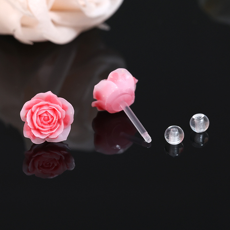 2pcs Elegant Resin Flower Earrings, Plastic Post Cartilage Piercing Jewelry, For Daily & Gift Occasions, Valentine's Day Suitable, Cute Earrings