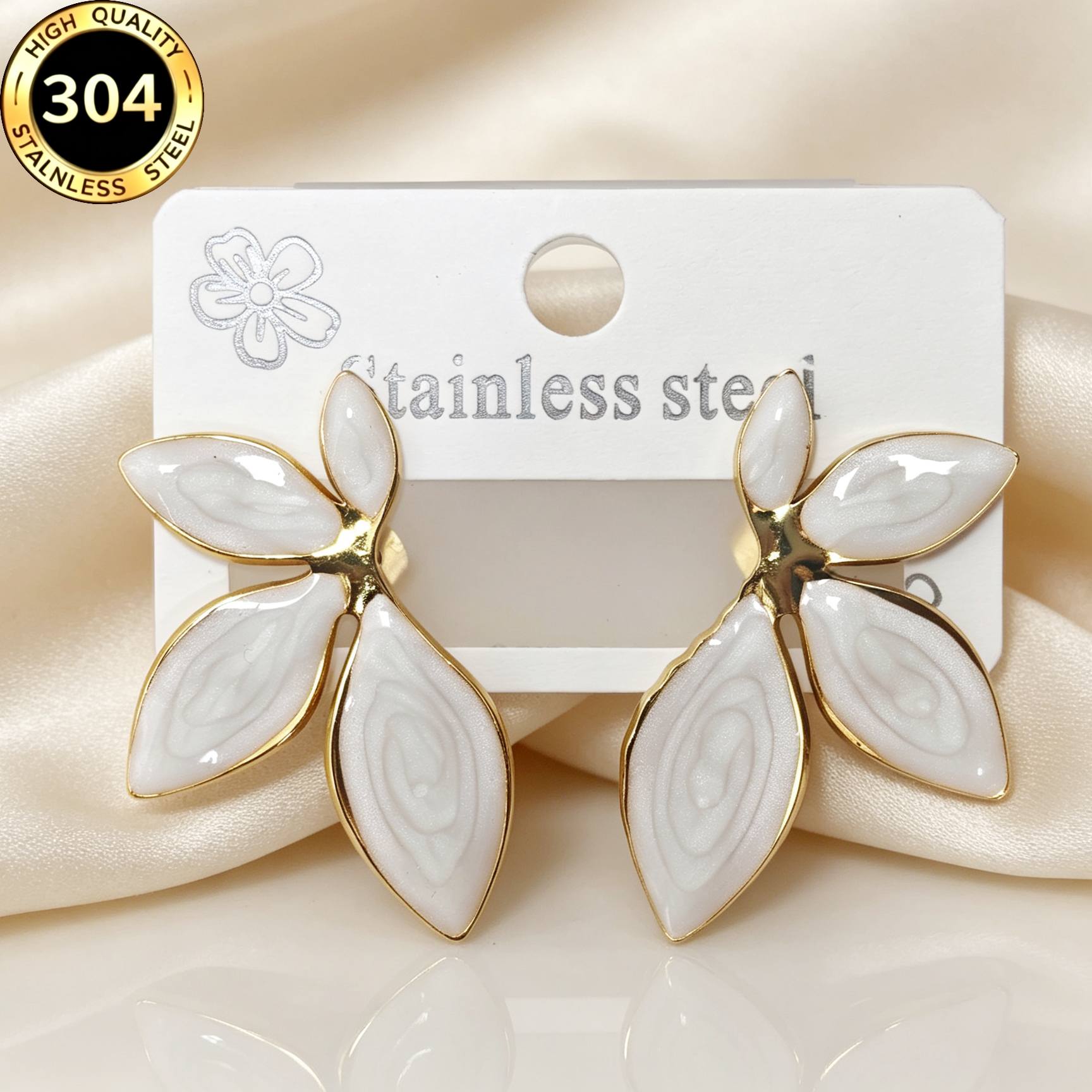 TEMU 1 Pair Of Anti-allergy Stainless Steel Stud Earrings, 18k Gold Plated, Minimalist Style, Light Luxury Floral Enamel Earrings, Fade-resistant, ,
