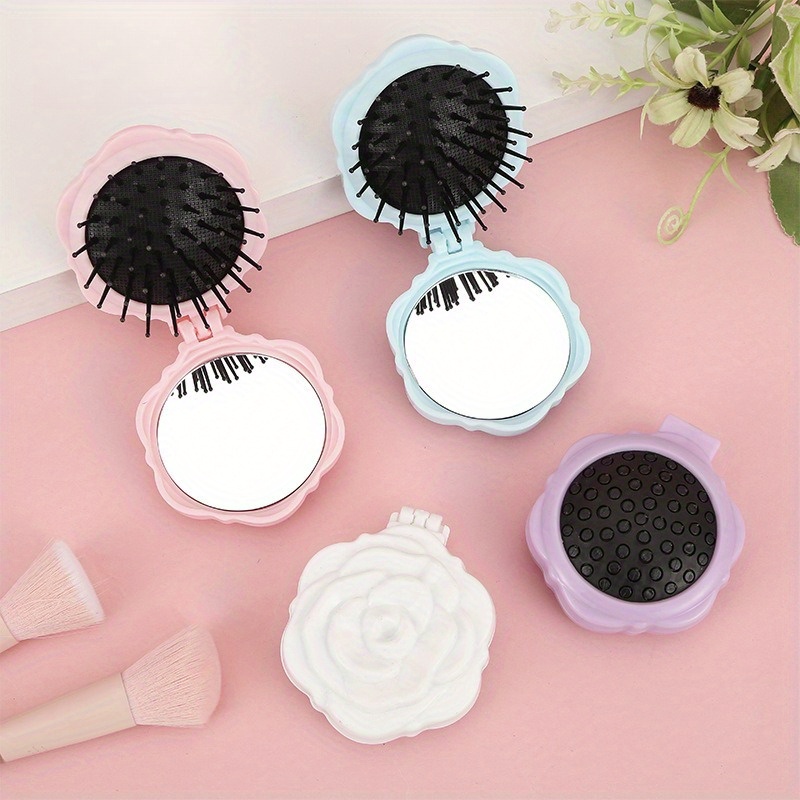 TEMU Juego de 4 piezas de peine para el pelo y espejo con rosas, para cabello normal - Paleta Morandi, peine plegable con puntas de masaje, peine con