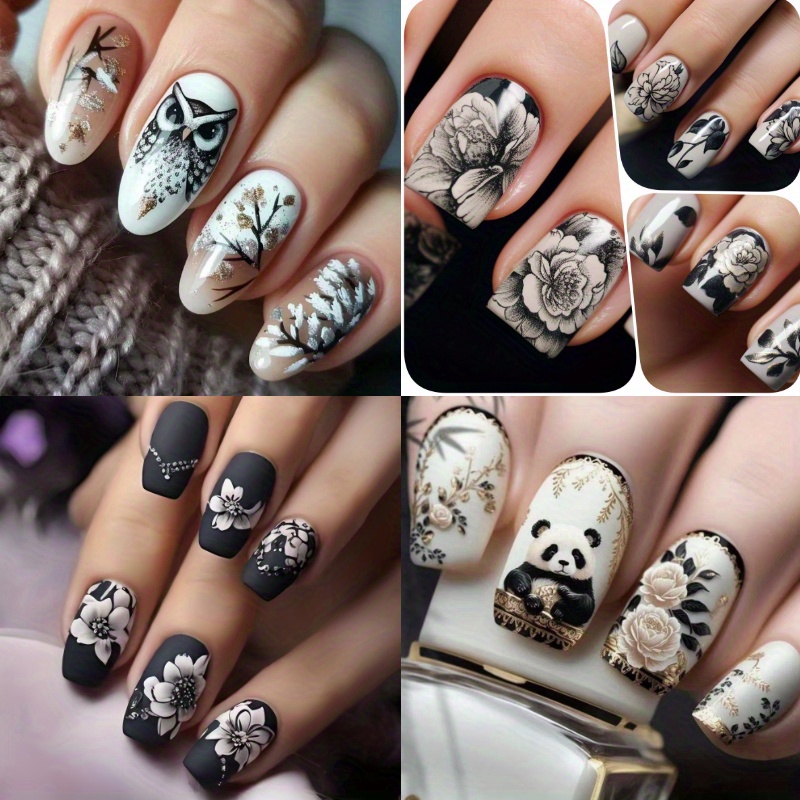 TEMU A Set Of 96 Items (4 Packages) Featuring Medium-length Designs With Panda And Floral , Use, Celebrations, And . Includes Jelly Glue And Nail Files