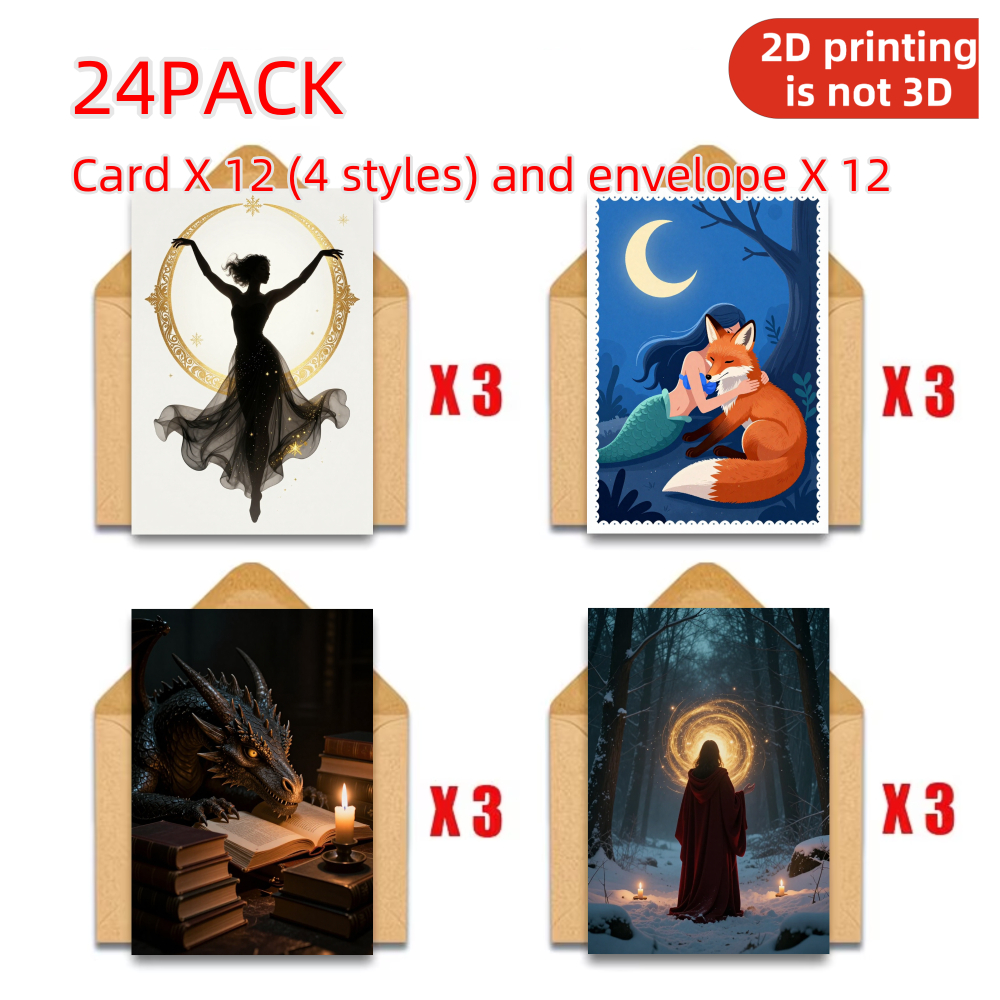 item picture 24pcs 12 card and 12 envelopes   magic   fox   books forest wizard mystical scene greeting card for birthday christmas thank you anniversary gift for friends card size 4 inch x 6 inch