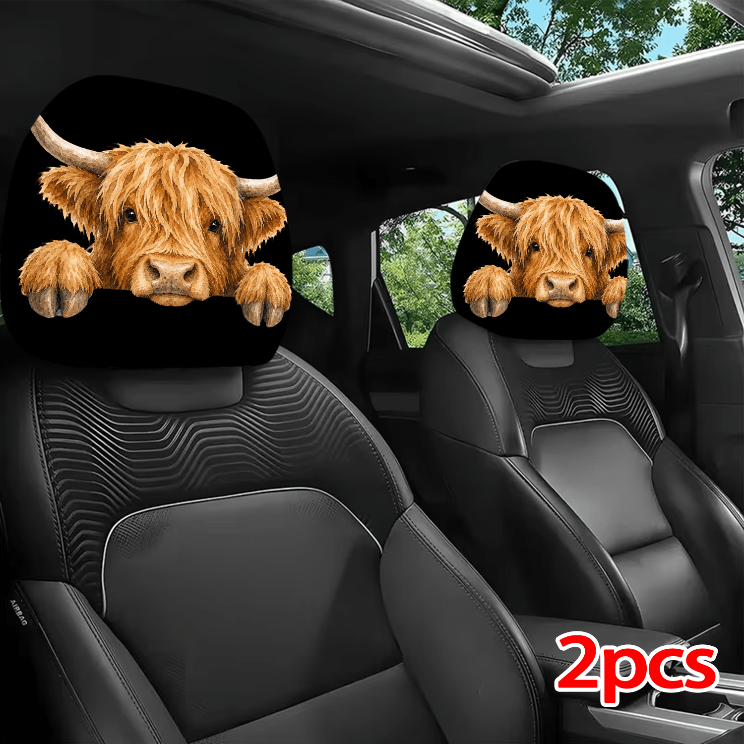 TEMU 2pcs Printed Pattern Car Headrest Covers, Cute Highland Cow Peeking Design, Interior Decoration With For Universal Installation, Ideal Car