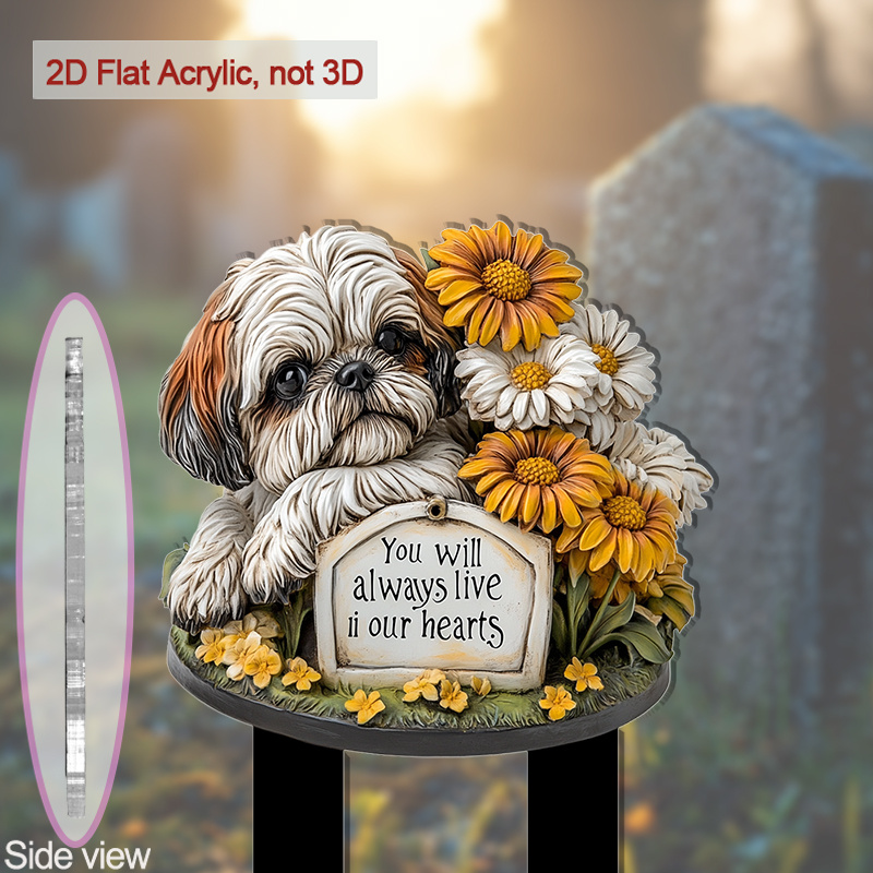 TEMU 2d Flat, [2d Flat] Shih Tzu Memorial Plaque Suitable For Graves, Homes & Gardens - Floral Pet Marker With Stake, Plastic Grave Marker Suitable