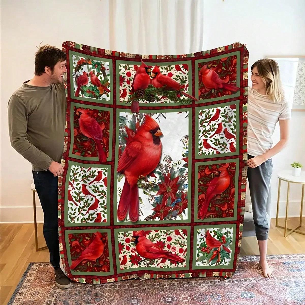 TEMU 1 couverture confortable en flanelle à carreaux cardinal - un plaid doux et moelleux avec un motif de oiseaux et de fleurs, idéal pour toutes