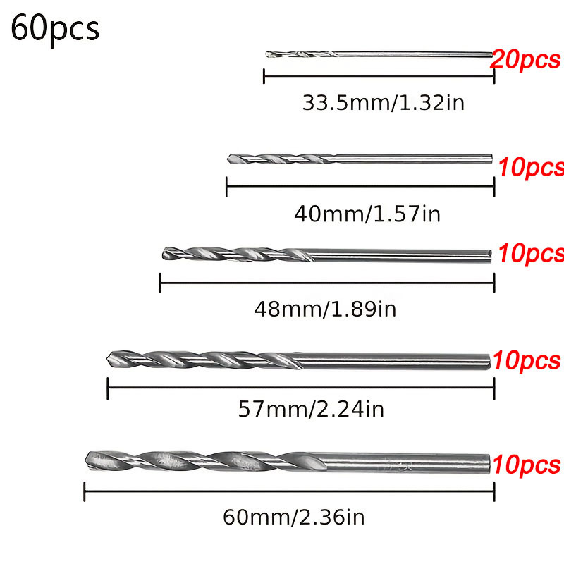 TEMU 60pcs Set Of Spiral Drills 1-3mm Small Drill Bits Electric Drill Drilling Kit Woodworking Hole Drilling Bits Woodworking Tools/drill Bits Tools