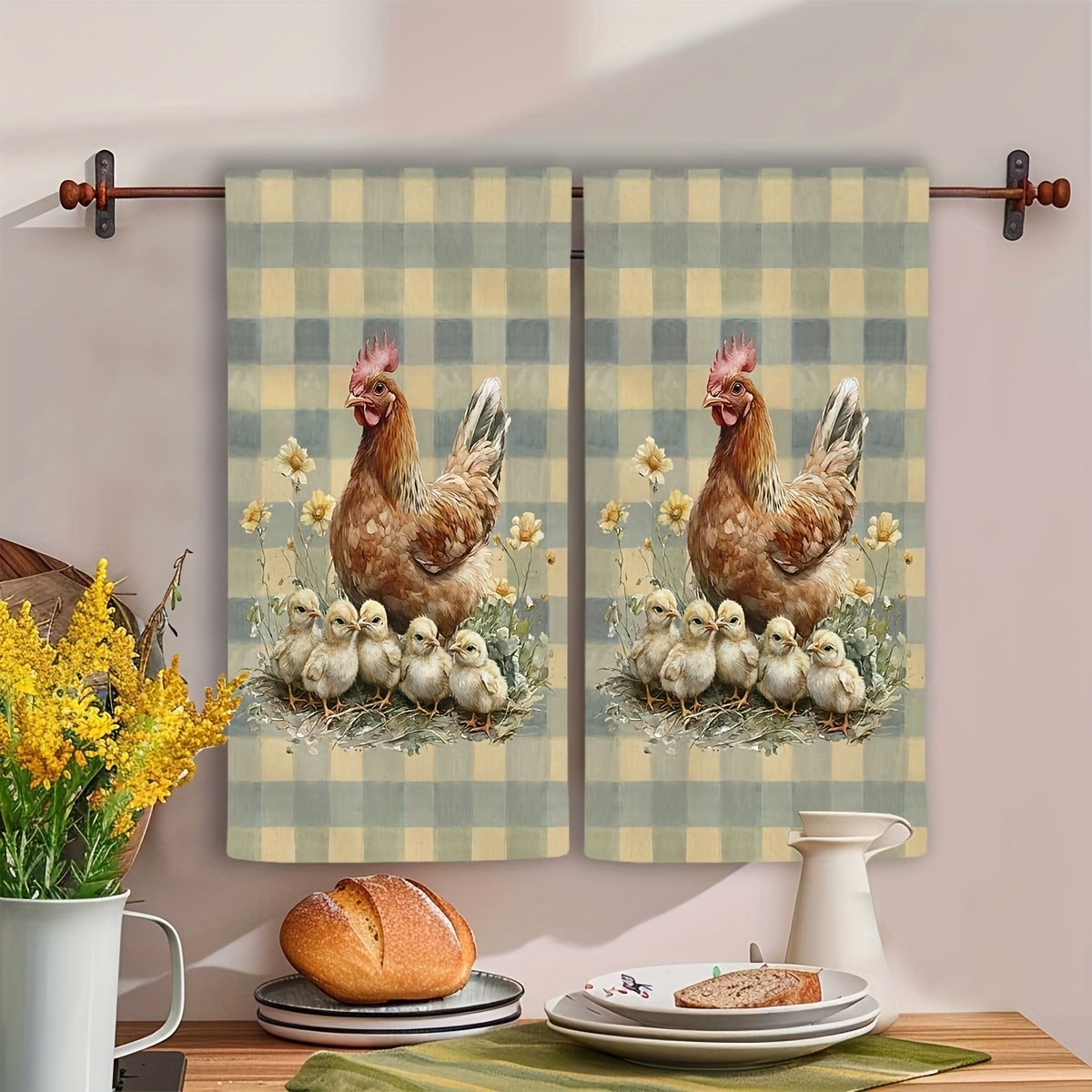 TEMU 2pcs Farmhouse Chicken And Chick Kitchen Towels, Soft, Hand Wash Only, Modern Cartoon Design For Holiday And Party Decor, Decorative Dish Towels