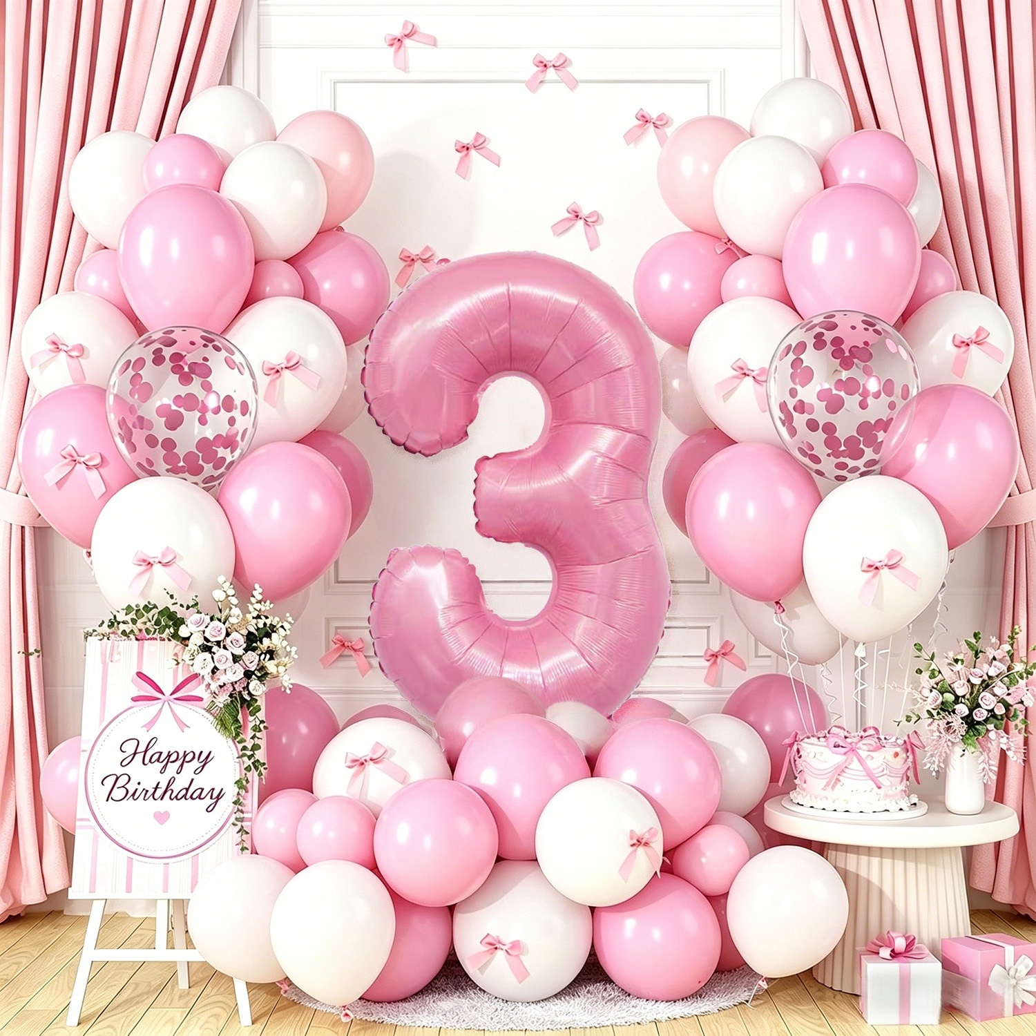 TEMU Ensemble de 68 pièces de ballons et de ruban d'anniversaire avec ballons numérotés de 0 à 9 et ruban à nœud rose. Équipé de ballons rose macaron