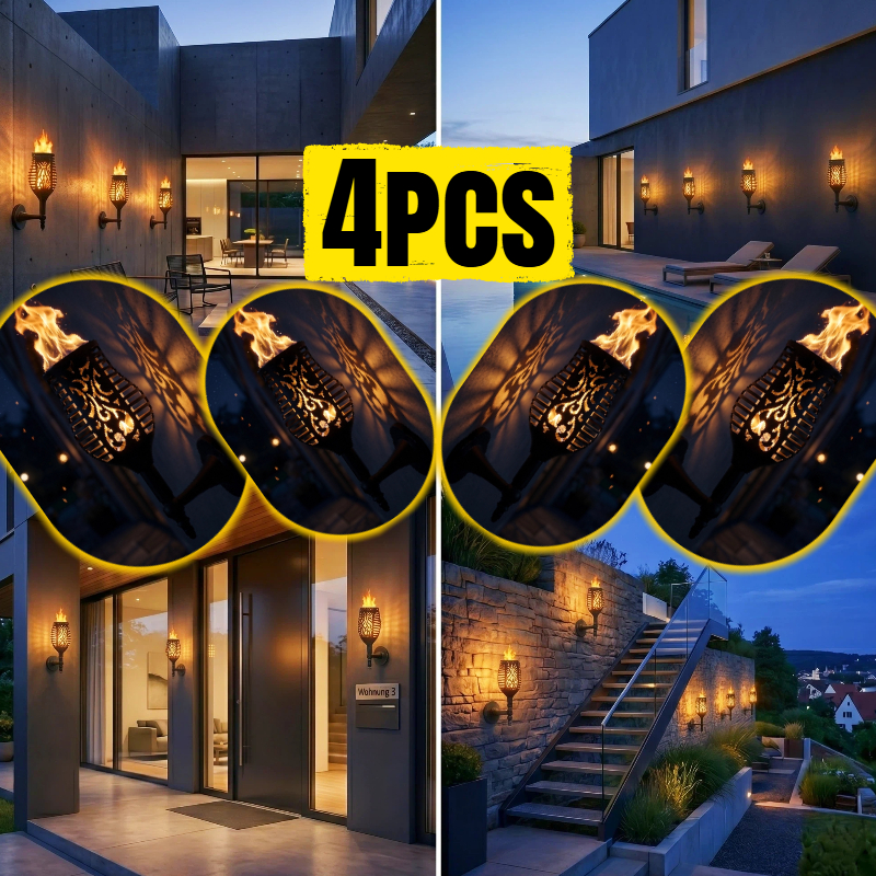 Image of 4-pack, Solar Flame Wall Light, Outdoor Realistic Flickering Torch, Luxury Glamping Aesthetics And Party Landscape Lighting, Courtyard Fence Hanging