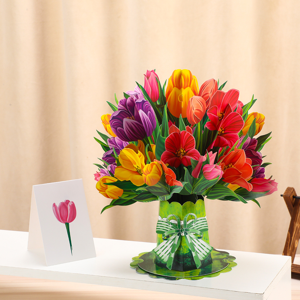 1pc, Happy Mother's Day Cards Gift For Women, Paper Tulips Bouquet Pop Up Greeting Cards With Note Cards & Envelope For Valentines Day, Anniversary, Mothers Day, Get Well