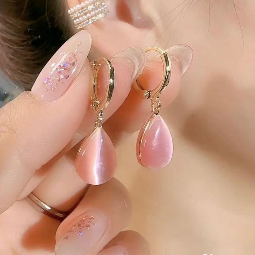 TEMU Pair Of Elegant Pink Cat Eye Stone Teardrop Earrings - Dual-sided Lightweight Alloy With Stainless Steel Posts, Vintage- For Parties, Banquets &