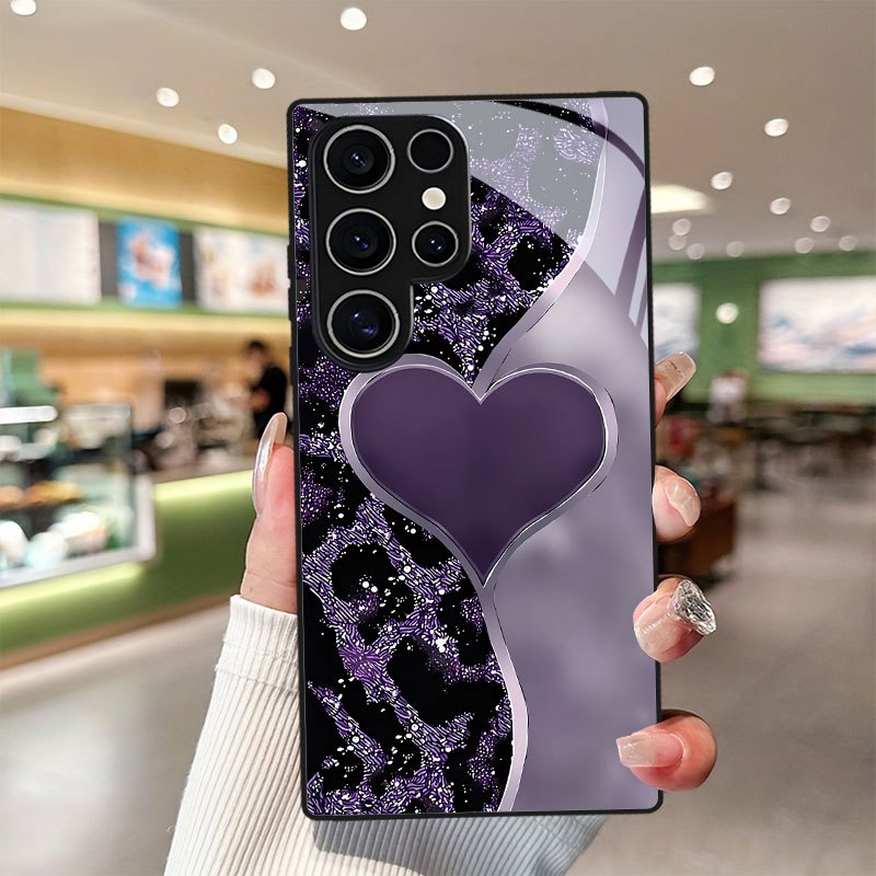 TEMU Phone Case: Purple Heart-shaped Leopard Print Tempered Glass Phone Case For S26 Ultra, S26 Plus, S26, S25 Fe, S25 Ultra, S25 Plus, S25+, S24,