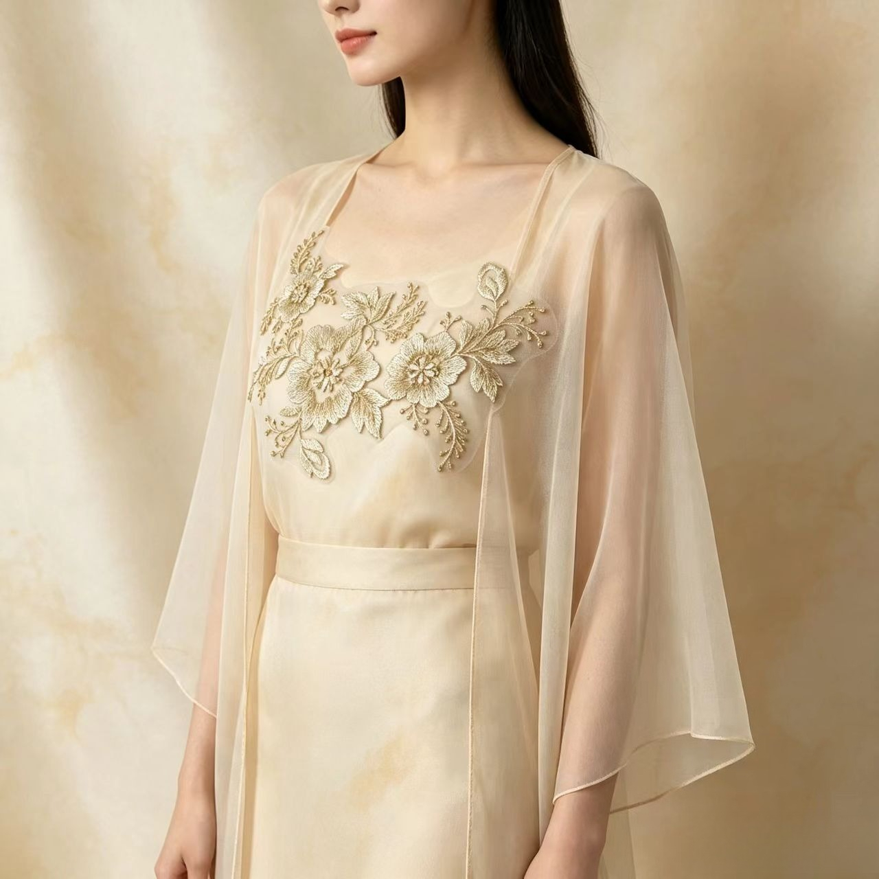 Light Golden Tulle Triple Peony Floral Embroidery Applique for Dresses