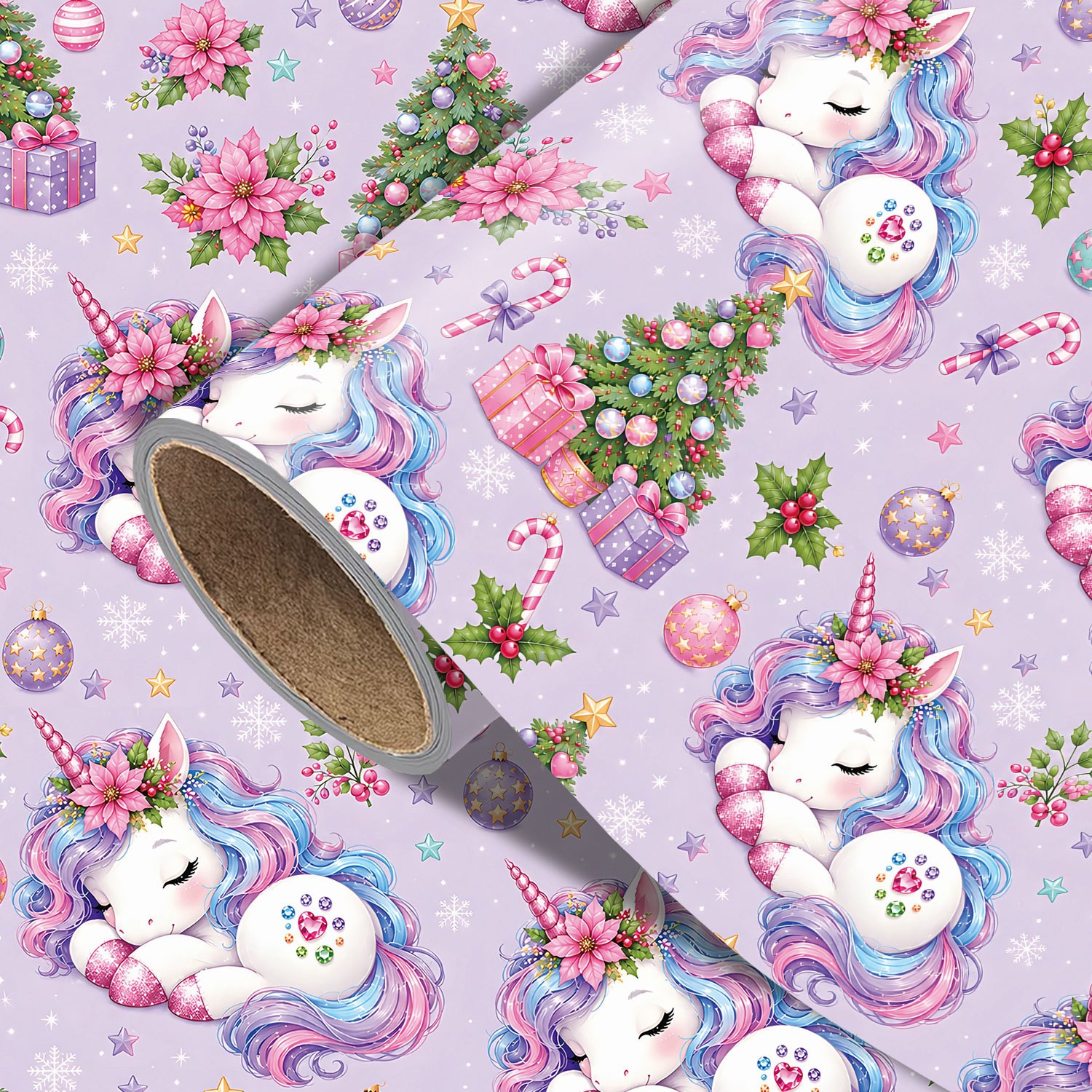 TEMU Rouleau de licorne de Noël - 17.7 X 118 pouces, papier d'emballage cadeau de Noël avec des licornes , des de Noël, des de Noël, des ornements et