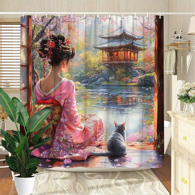 TEMU Rideau de Douche Femme Chat près d'un Étang, Scène de Vivante Décoration de Salle de Bain en Polyester pour Maison avec Crochets 12, Taille