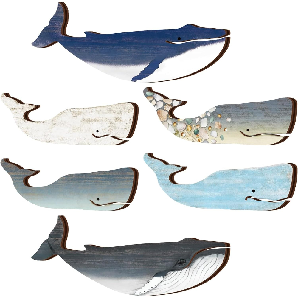 TEMU Set Of 6 Wooden Whale Wall Decorations, Nautical Coastal Theme Hanging Ornaments, Rustic Vintage Whale Wall Pediment Decor, Suitable For