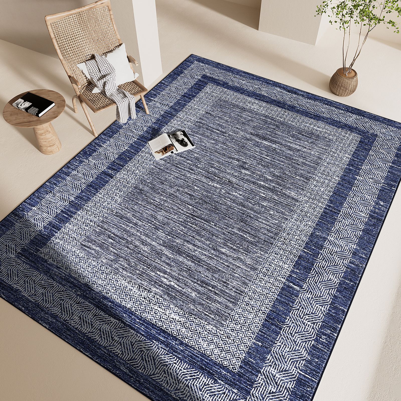 Minimal Grey Border Area Rug, Non Slip Washable Carpet With Geometric And Stripe Pattern, Low Pile Soft Mat For Living Room, Bedroom, Entryway, Foldable Indoor Decor, Covering