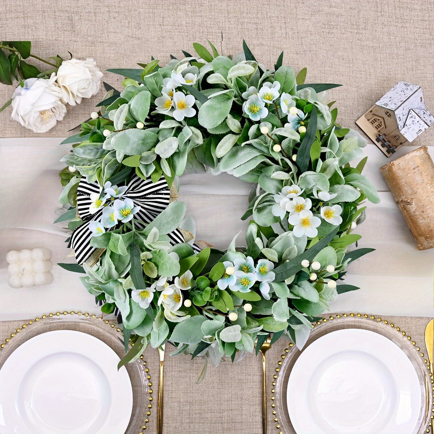 TEMU 20in Spring Wreaths For Front Door, Lambs Ear Wreaths For Front Door Year Round, Door Wreaths For Front Door Wreaths Wit