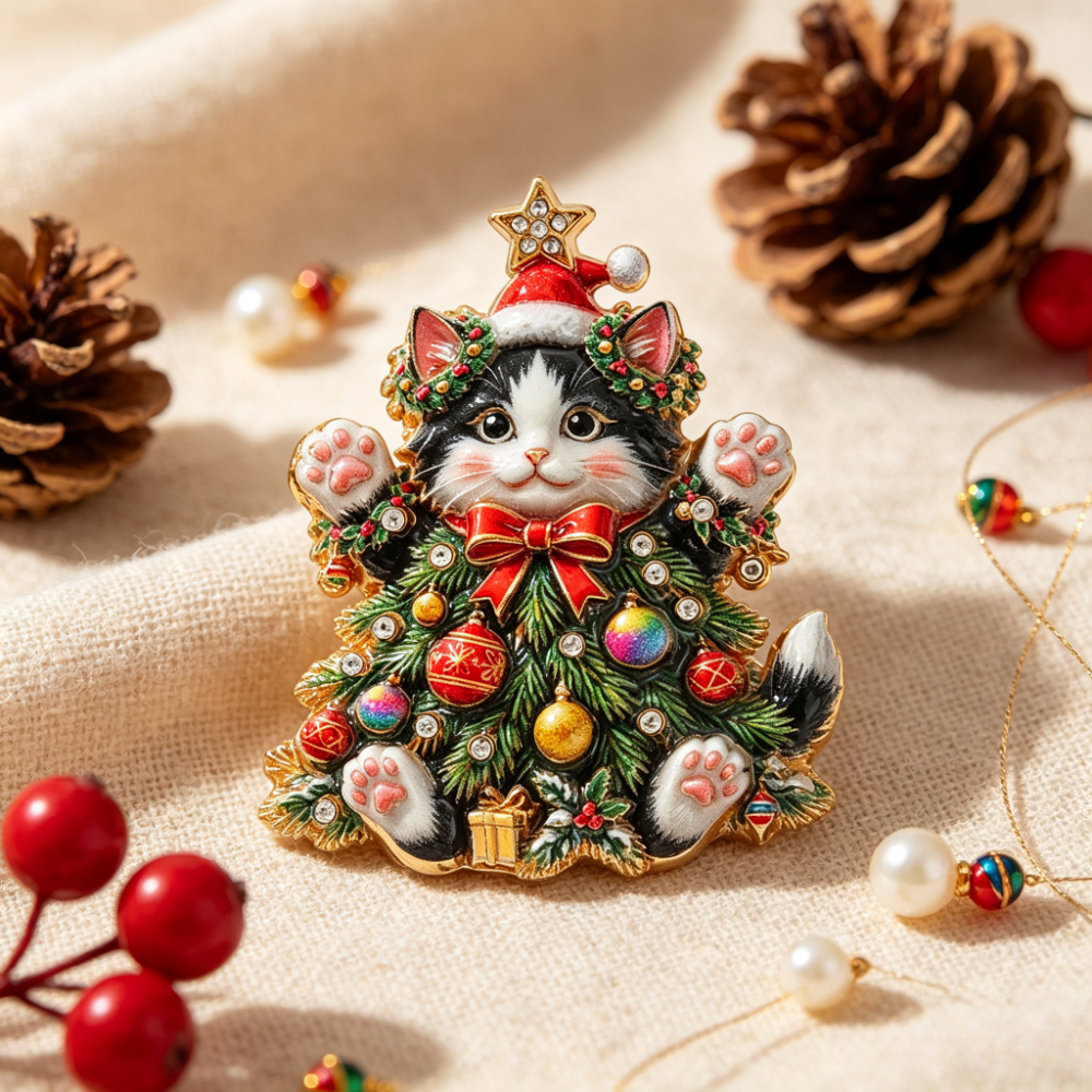 TEMU Natalizia Vintage a Forma con Strass Scintillanti, a Forma di Albero con Gattino in Metallo Smaltato , Accessori per Sciarpa da Donna per Feste