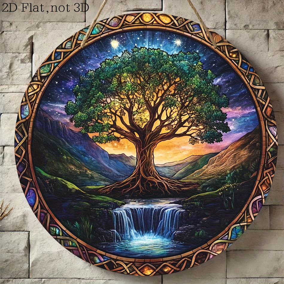 TEMU 2d Flat - 8-inch Colorful Nordic-style Hanging Decoration Featuring A 2d Tree Of Life, Starry Sky, And Waterfall In A Round Wooden Mural, Home