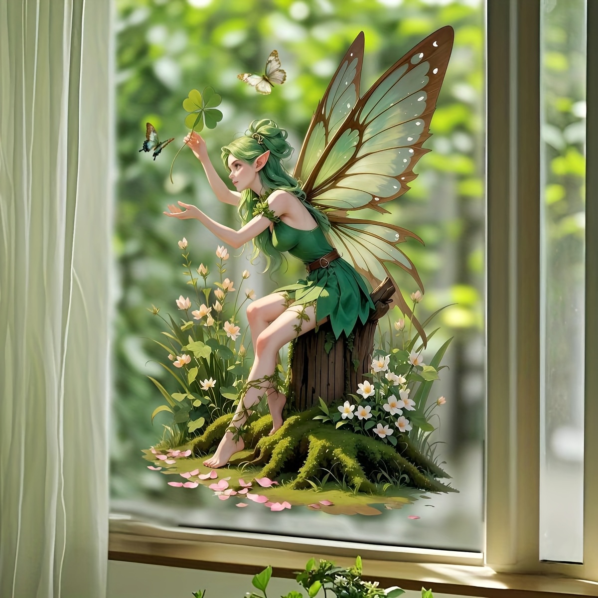TEMU 1pc Of Fairy Clover Flower Tree Stump With Green Leaves, Decorative Stickers For Room And Bedroom Windows And Glass. Pet Static Cling Film,
